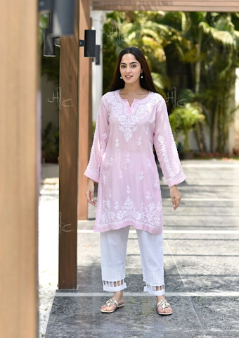 GraceCollections Women's Ethnic Cotton Lucknowi Chikankari Kurti, Jeans Top  (Size 44, White colour with Purple colour Thread work, Aari Work) :  Amazon.in: Fashion